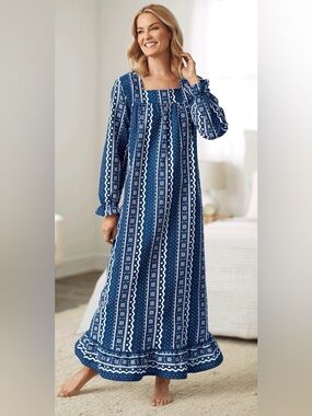 Anthony Richards VTG Flannel Maxi Nightgown Dress Blue/White Geo Print MD